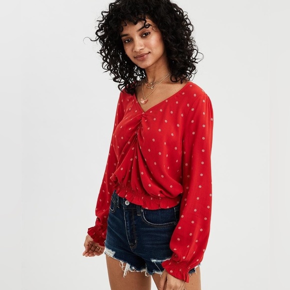 American Eagle Outfitters Tops - American Eagle Outfitters Bubble Long sleeve Red Ditsy Floral Blouse Size Small
